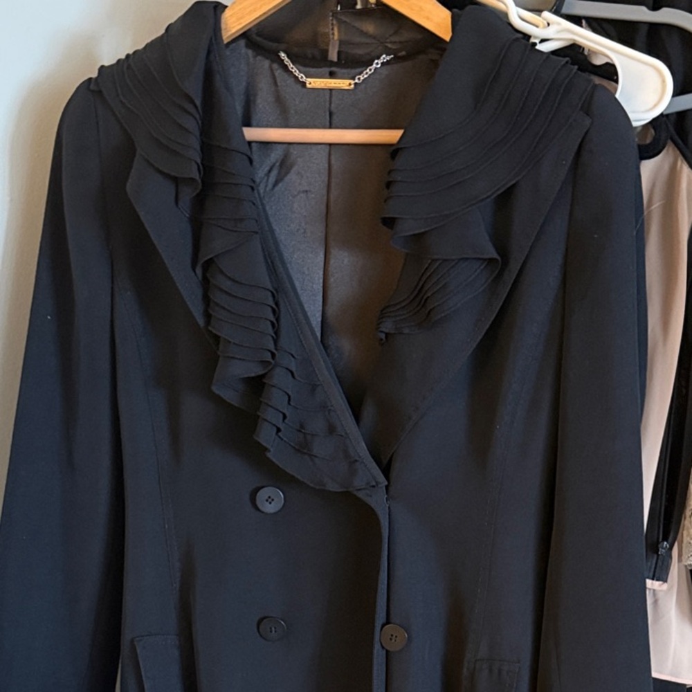 Elie Tahari Black Trench Coat with Pleated Ruffle Collar